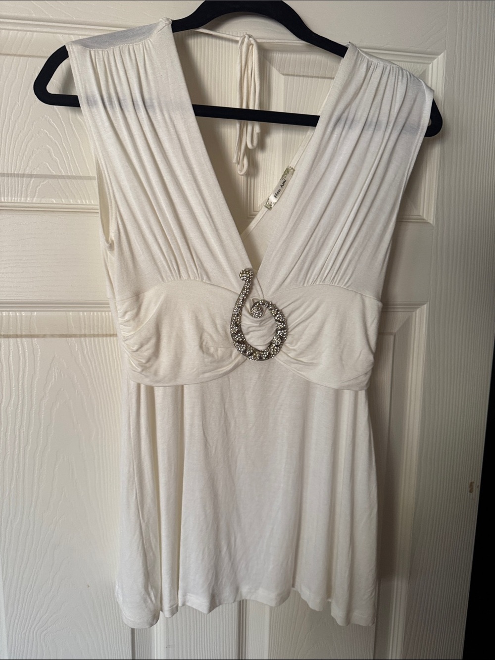 Women's White Sleeveless V-Neck Tunic with Rhinestone Accent
